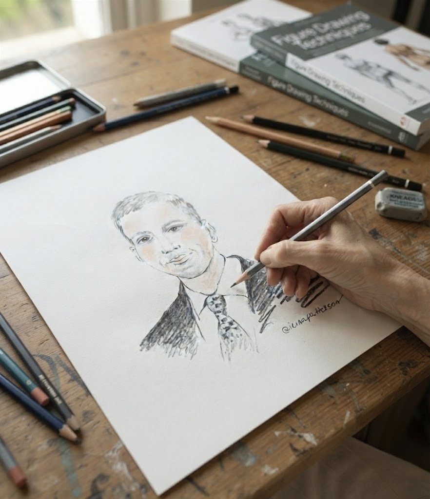 Artist's studio workspace with portrait in progress